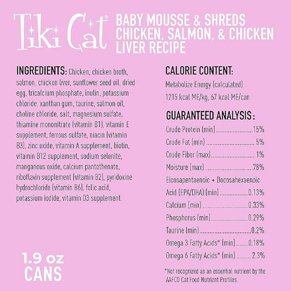 Tiki Cat Baby Kitten Mousse & Shreds Chicken, Salmon & Chicken Liver Recipe  Canned Cat Food